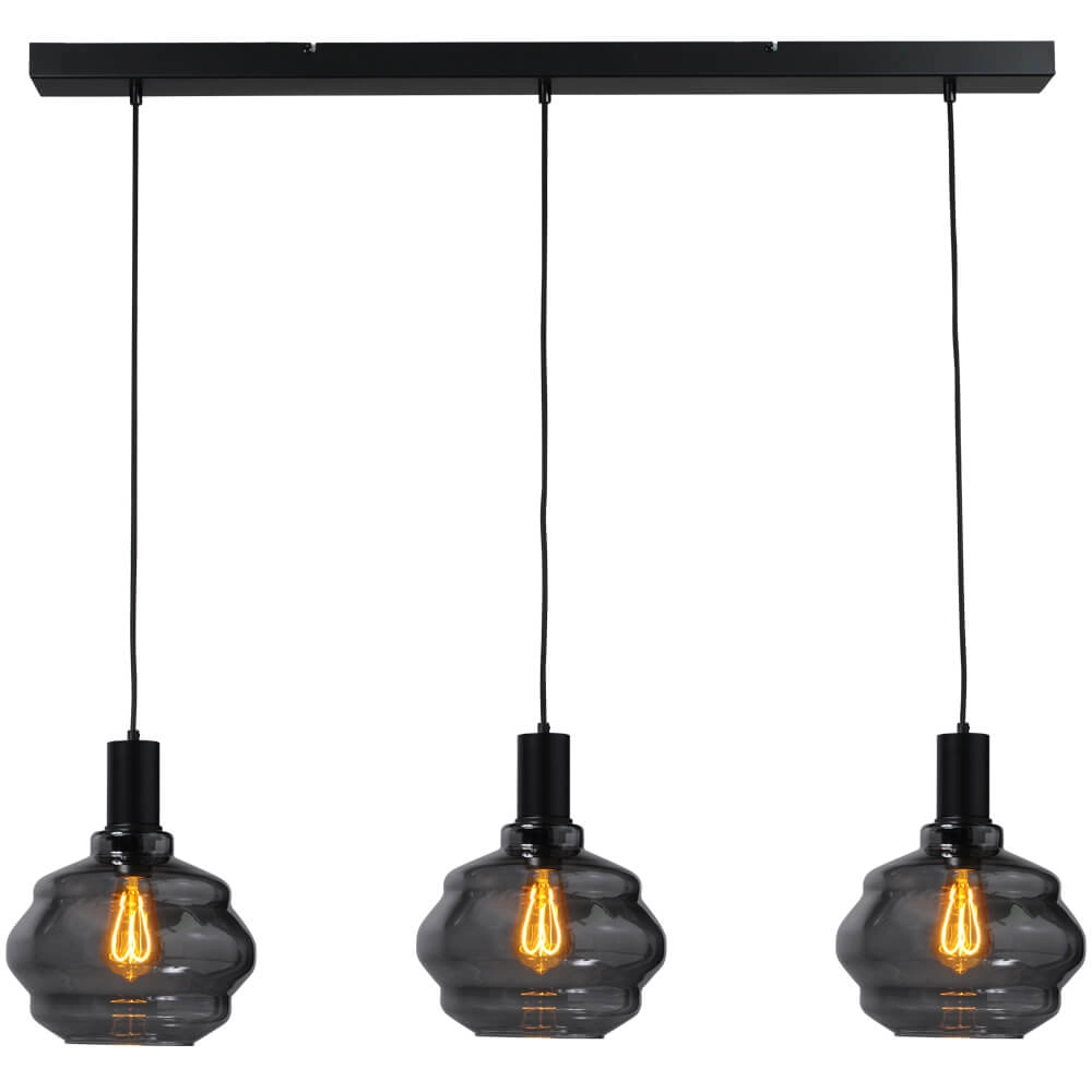Lampe suspendue 3 lumières - noire - Porto avec verres à fumée Ball - Ø 24cm