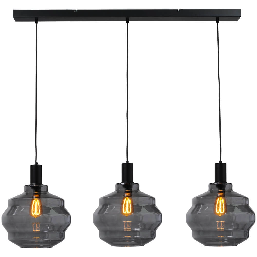 Lampe suspendue 3 lumières - noire - Porto avec verres à fumée Ball - Ø 30cm