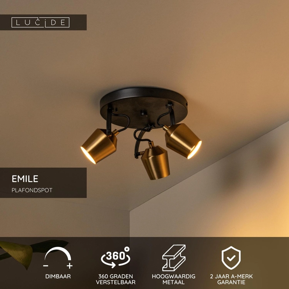 Lampe de plafond à 3 lumières Emile noir avec or Lucide 5411212510099