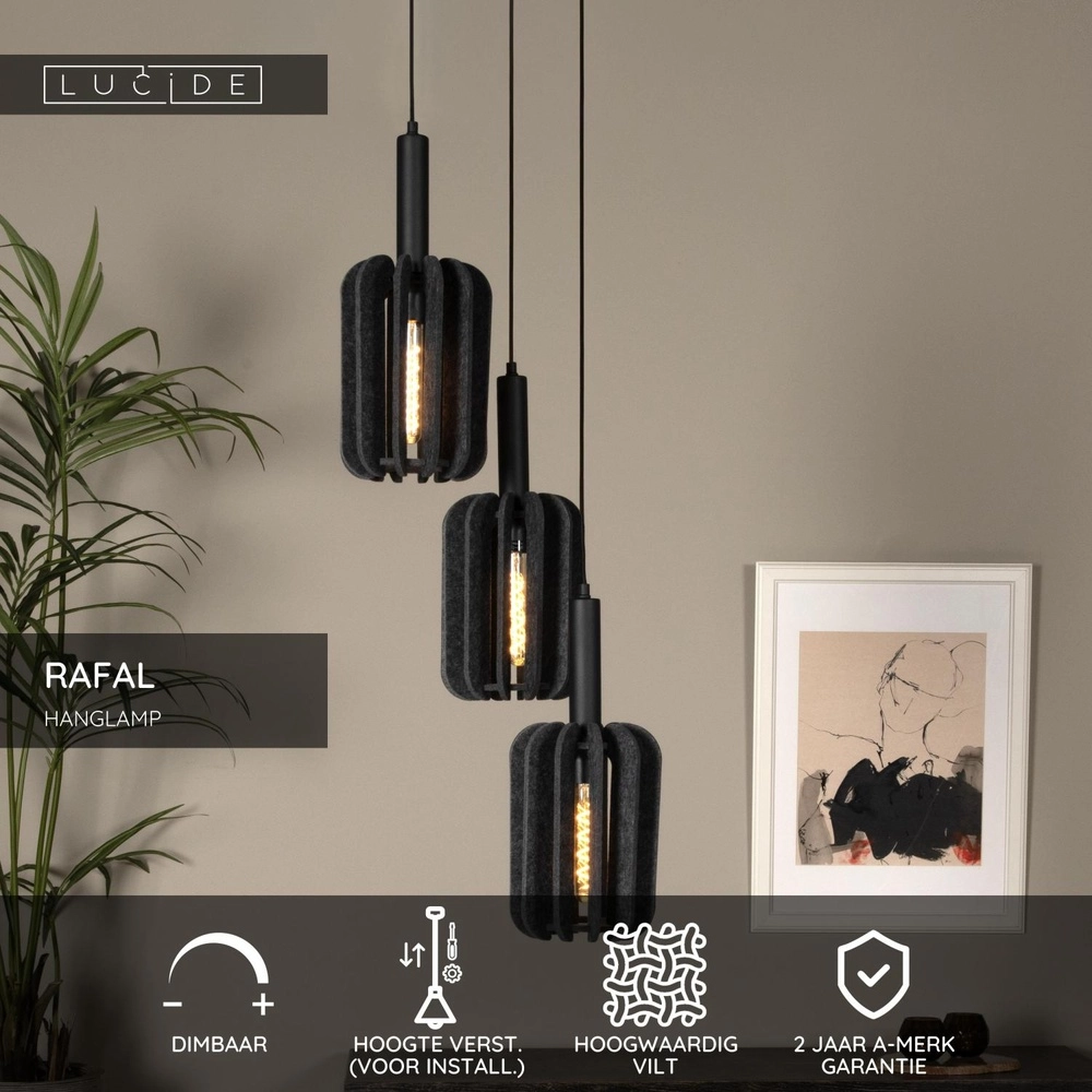 Lampe suspendue élégante Rafal 3 ronds lumineux noir avec gris Lucide 5411212452788