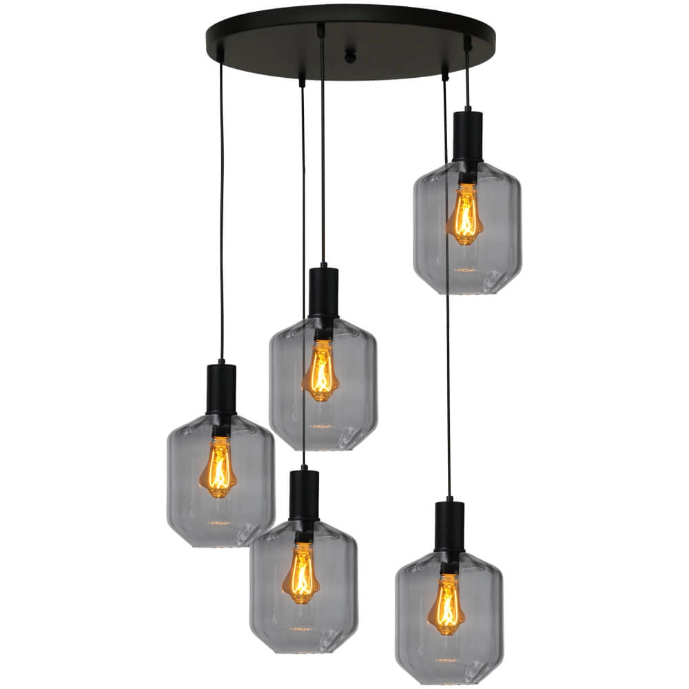 Suspension loft 5 lumières - noire - Porto avec des verres à fumée Jagger