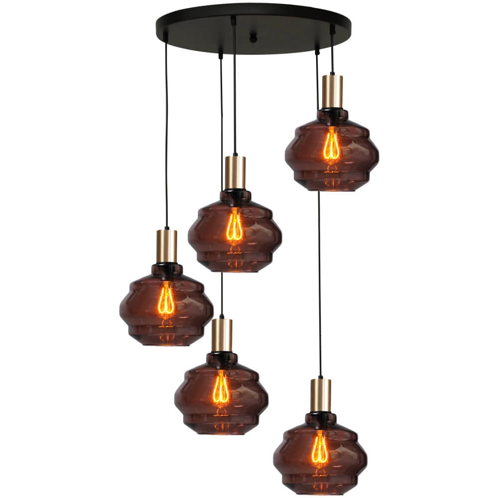 Suspension loft 5 lumières - dorée - Porto avec verres Ball rouges - Ø 24cm