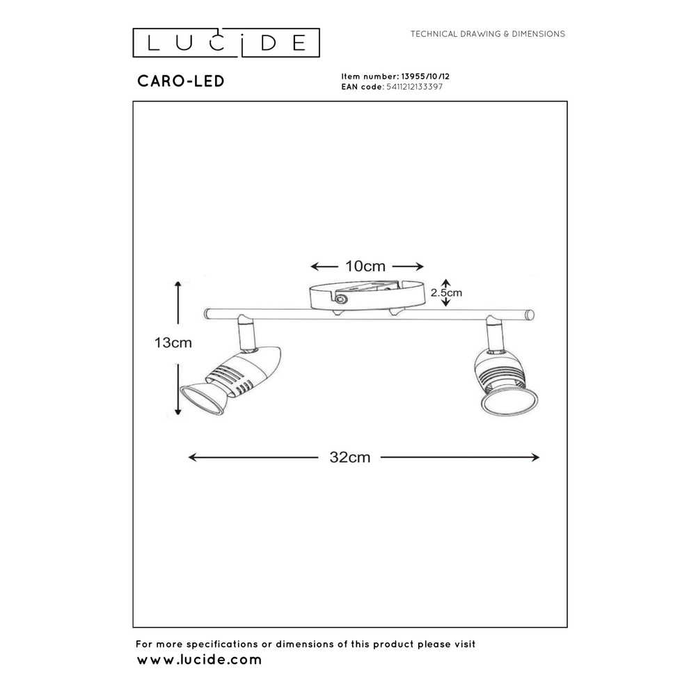 Projecteur de plafond Caro-Led Chrome mat à deux lumières Lucide 5411212133397