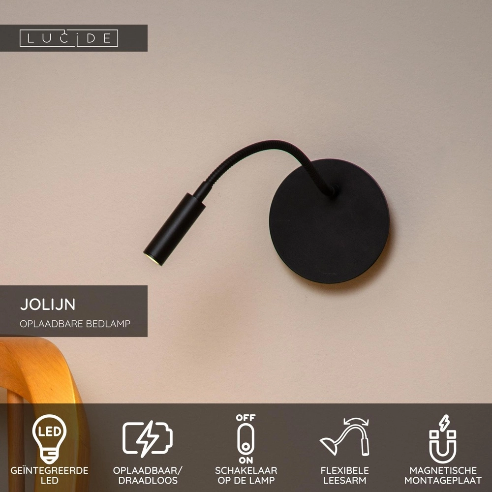Lampe murale rechargeable Jolijn Noir de la lampe de chevet Lucide 5411212771384