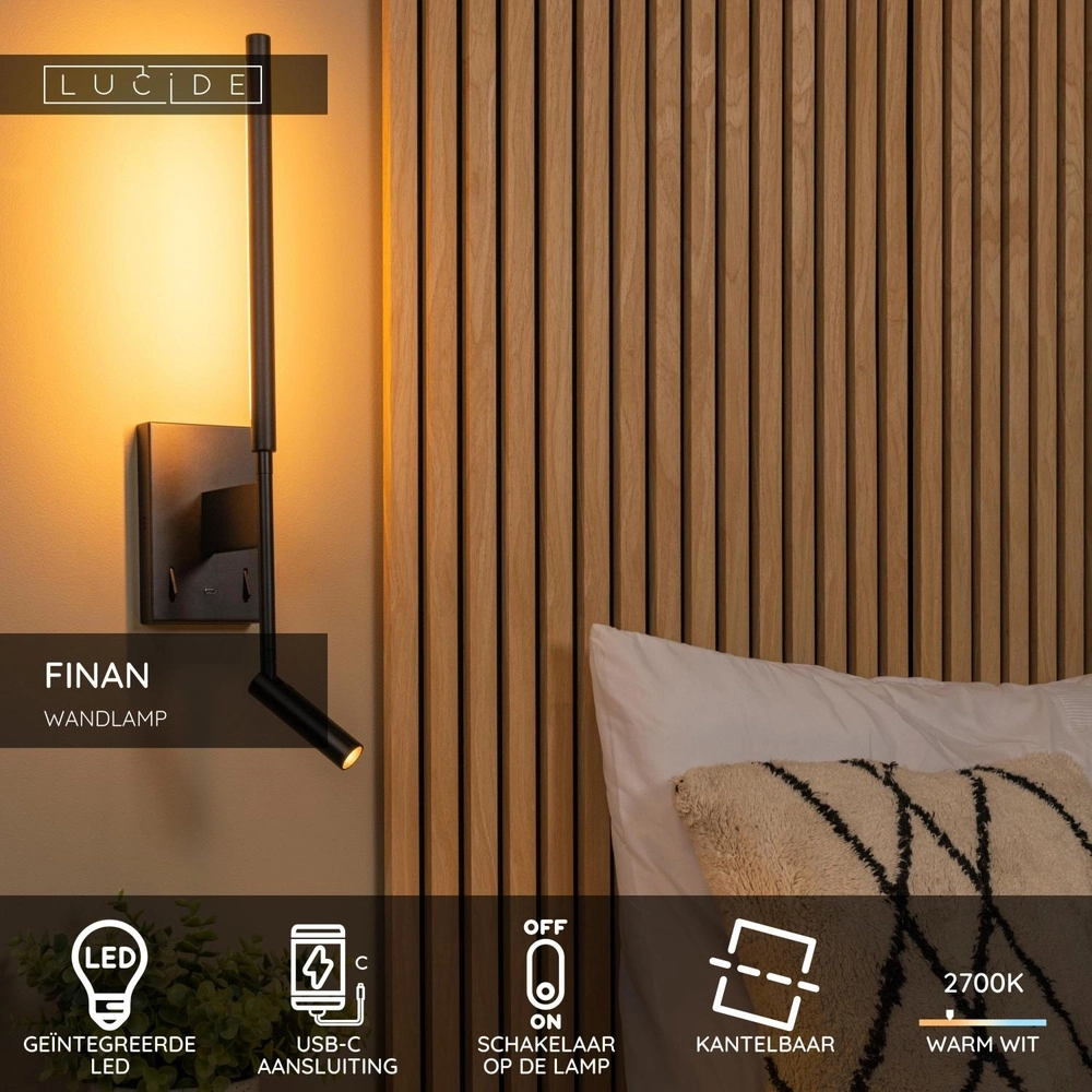 Lampe murale de conception Finan avec lampe de lecture et point de charge USB noirs Lucide 5411212680020