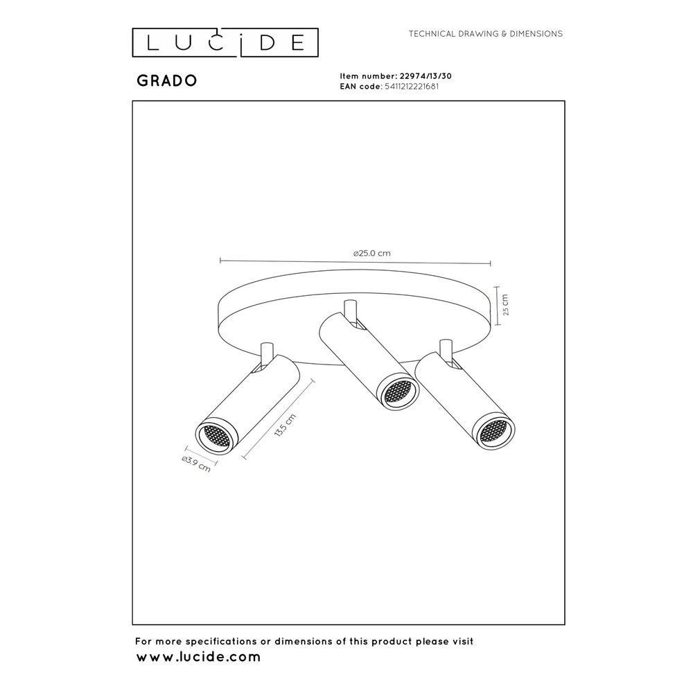 Lampe de plafond élégante Grado Noir à 3 lumières Lucide 5411212221681