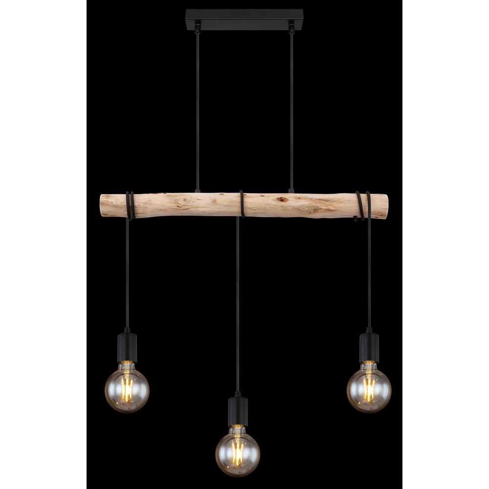 Lampe suspendue de table à manger à 3 lumières Gregor noir avec bois Globo 9007371436330
