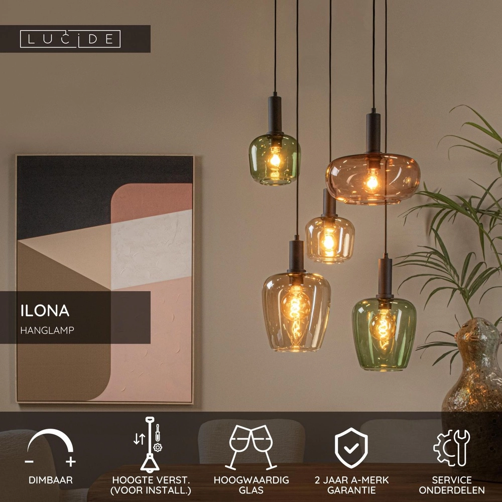 Lampe suspendue à 5 lumières Ilona noir avec lentilles colorées Lucide 5411212452757