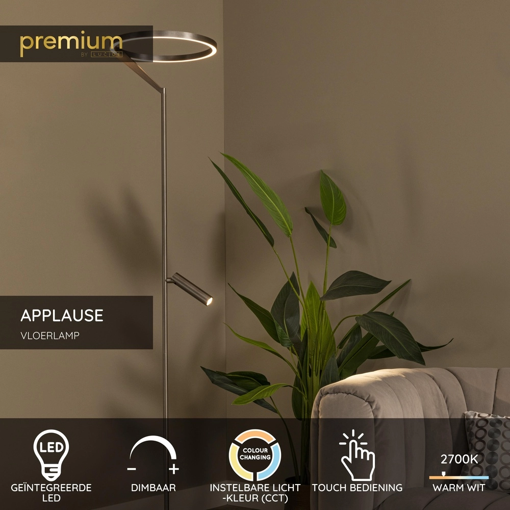 Lampe de pied élégante avec lampe de lecture Applause Métal brossé - LED Premium by Lucide 5411212221865