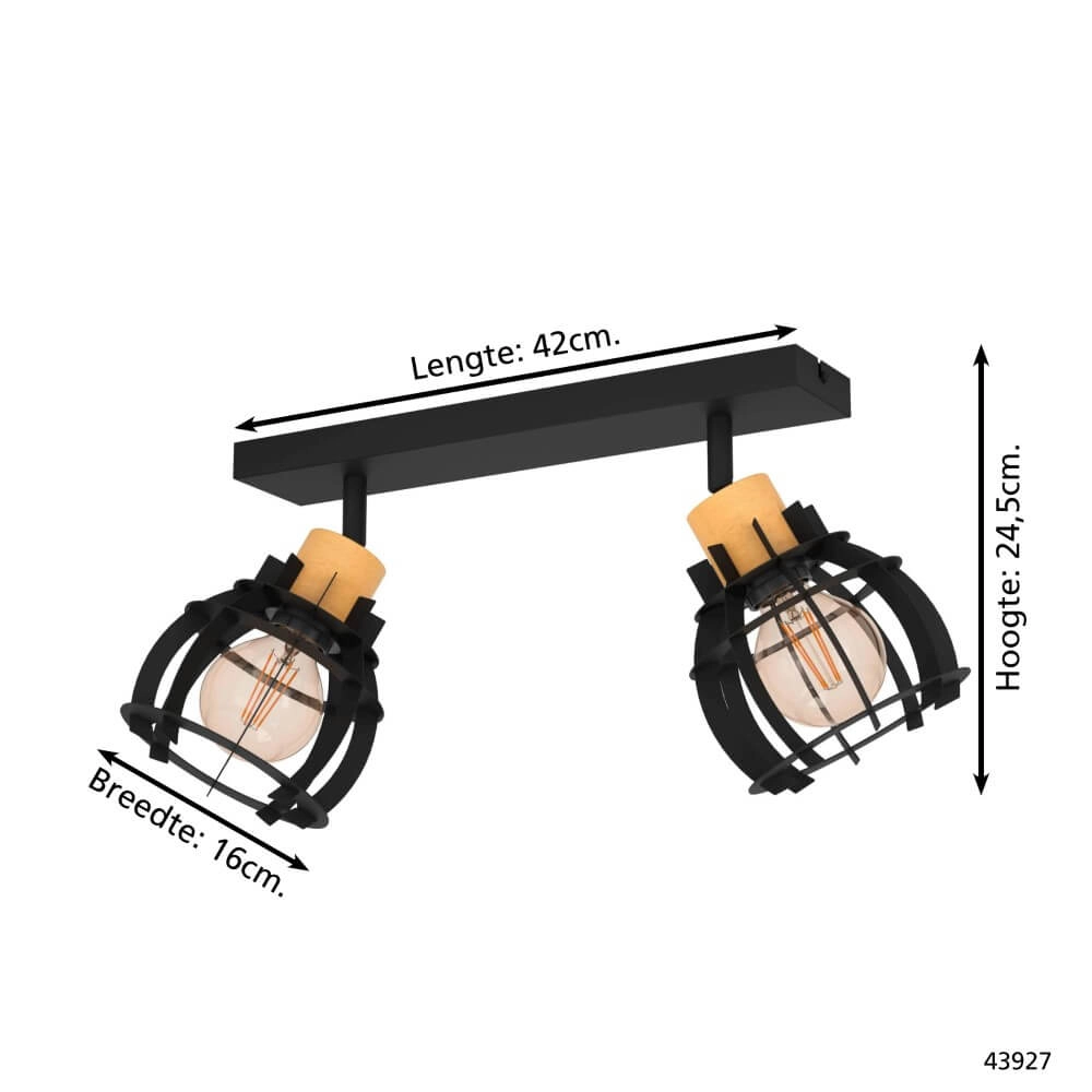 Plafonnier 2 lumières Stillington 1 noir avec du bois Eglo 9002759439279