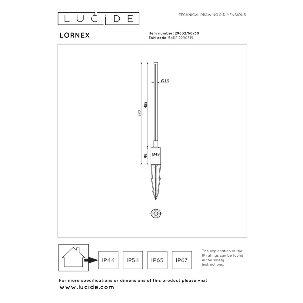 Lampe de jardin élégante Lornex IP54 noir 58cm Lucide 5411212290519