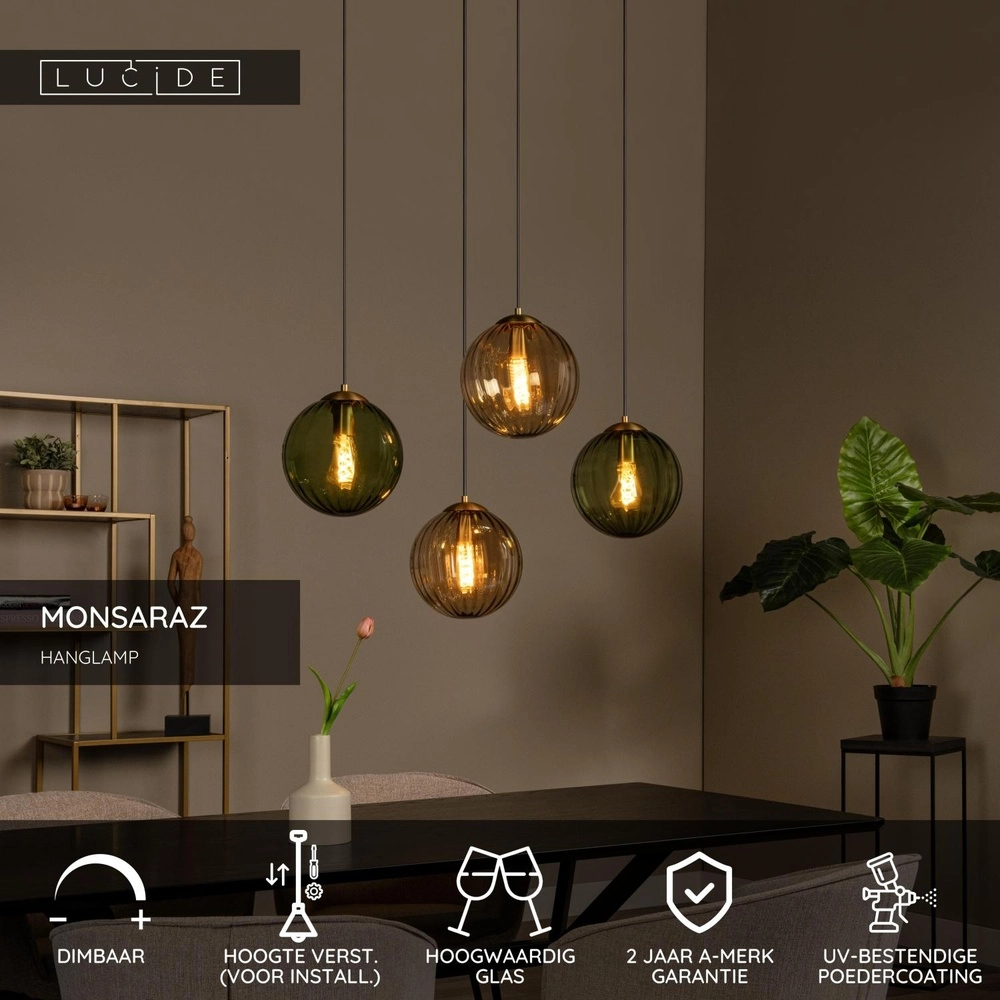 Lampe suspendue à 4 lumières Monsaraz Verre vert et ambré Lucide 5411212452429