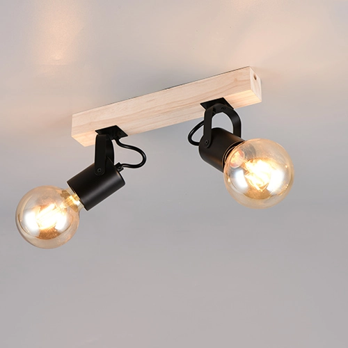 Double éclairage au plafond Lynar noir avec bois