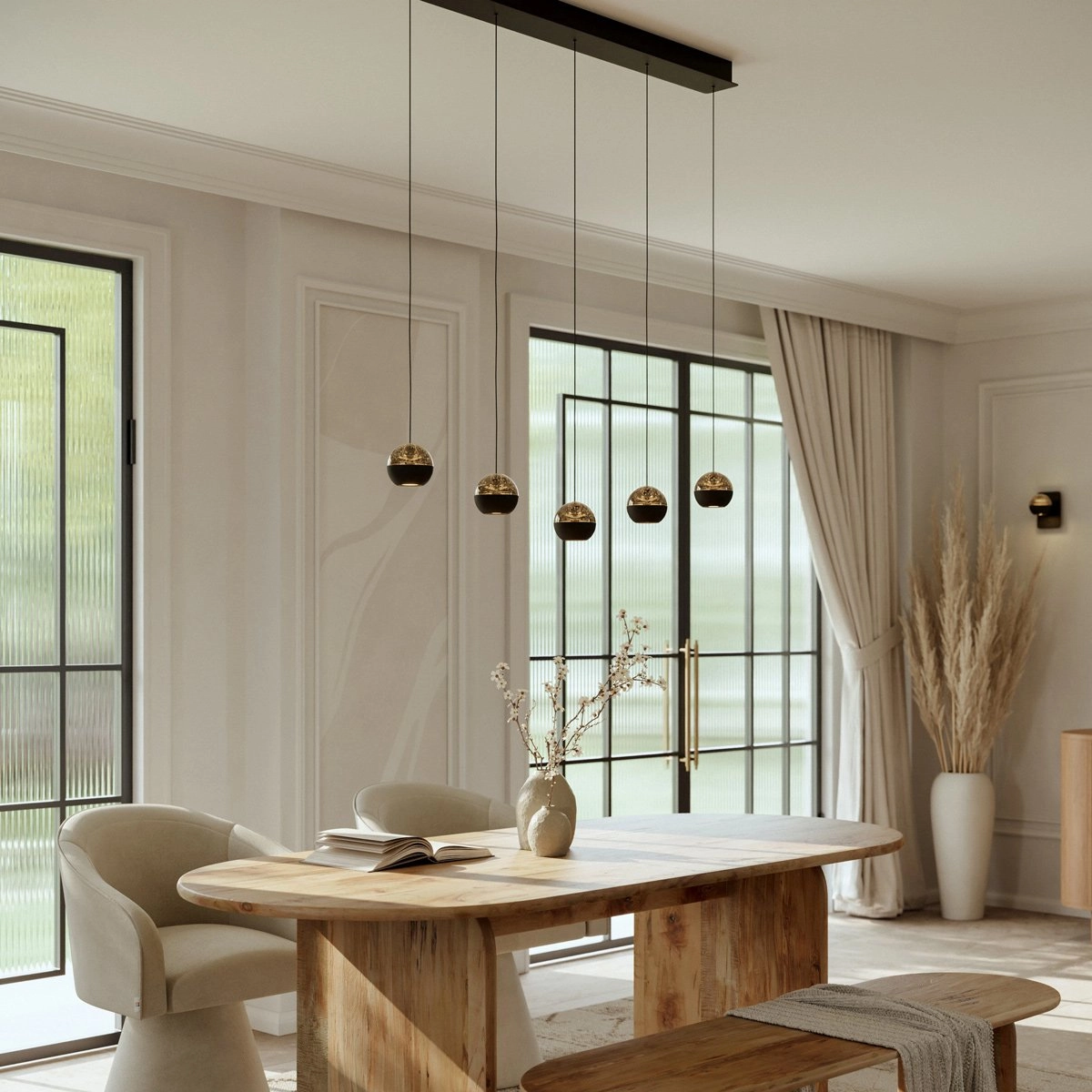 Lampe pendante de table à manger à 5 lumières Belluno LED - Noir avec verre Steinhauer 8712746183900