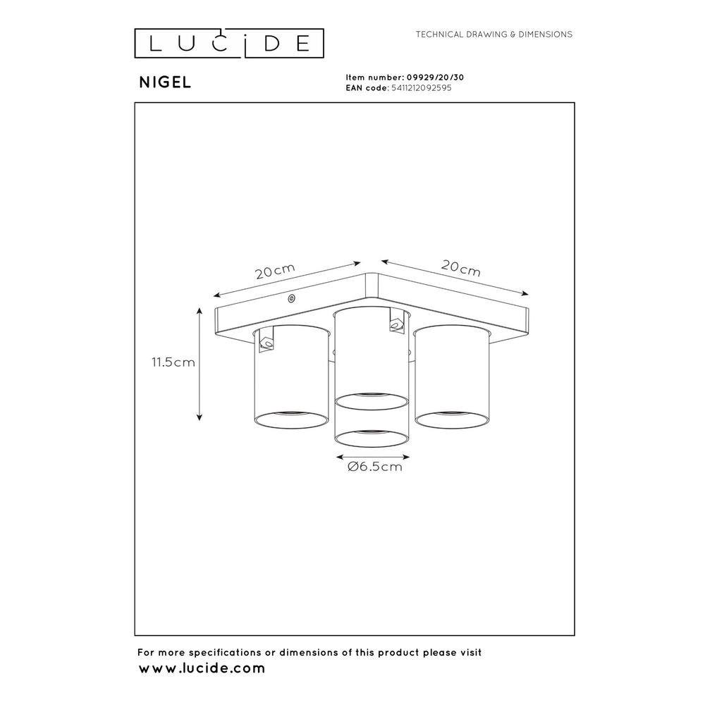 Projecteur de plafond Nigel Noir à 4 lumières Lucide 5411212092595