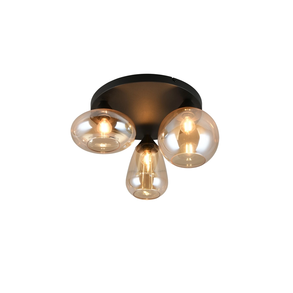 Plafonnier 3 lumières Lumina noir avec verre ambré Plafonnier 3 lumières Lumina noir avec verre ambré