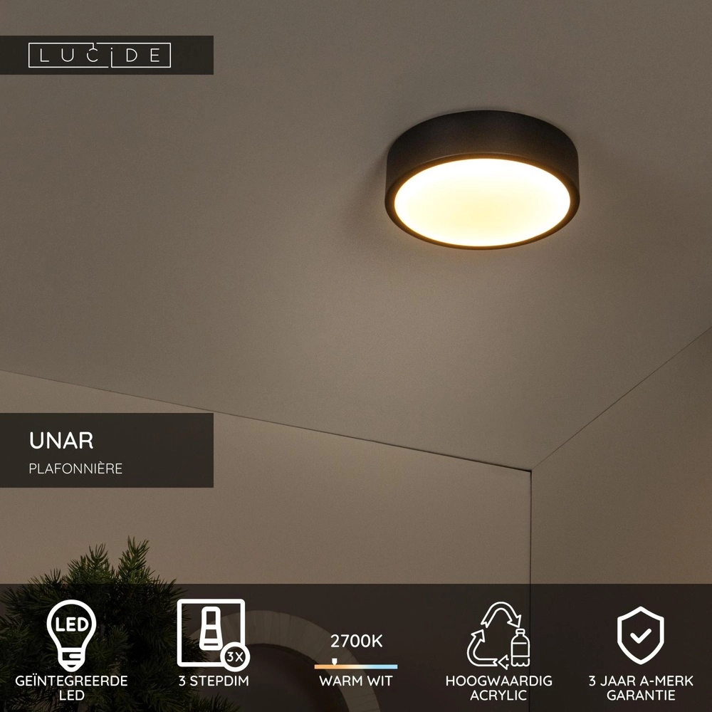 Éclairage de plafond Unar Ø 20cm - 2700K - noir Lucide 5411212791856