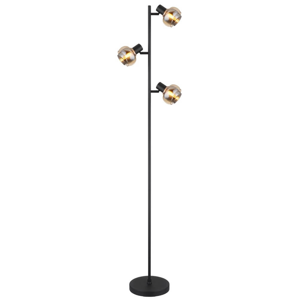 Lampadaire noir Tokki Verre fumé ambré à 3 lumières Lampadaire noir Tokki Verre fumé ambré à 3 lumières