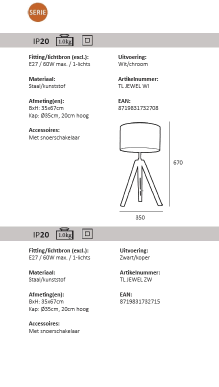 Lampe de table trépied Jewel 67 cm blanc avec gris Artdelight 8719831732708