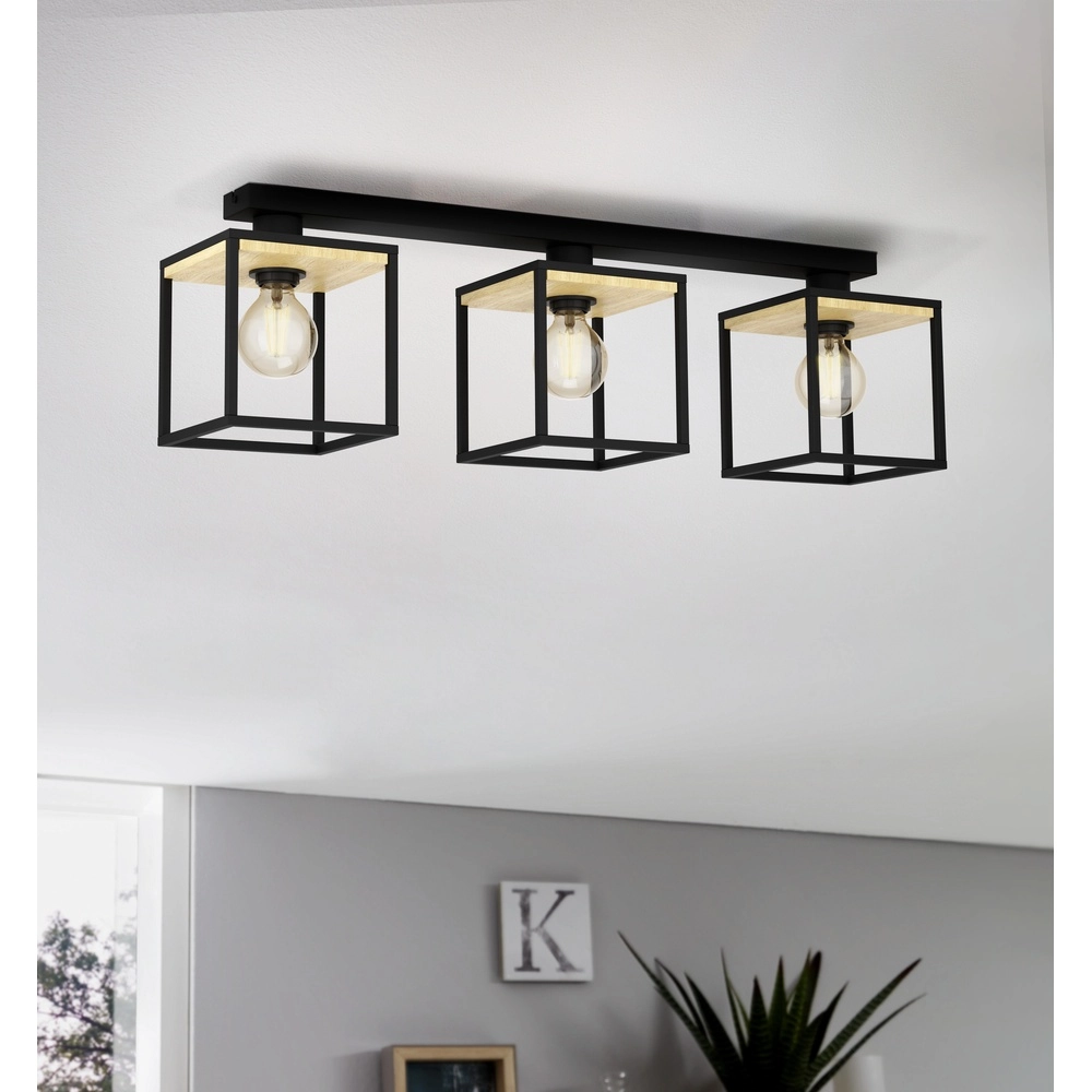 Lampe de plafond à 3 lumières Libertad noir avec bois Eglo 9002759998561