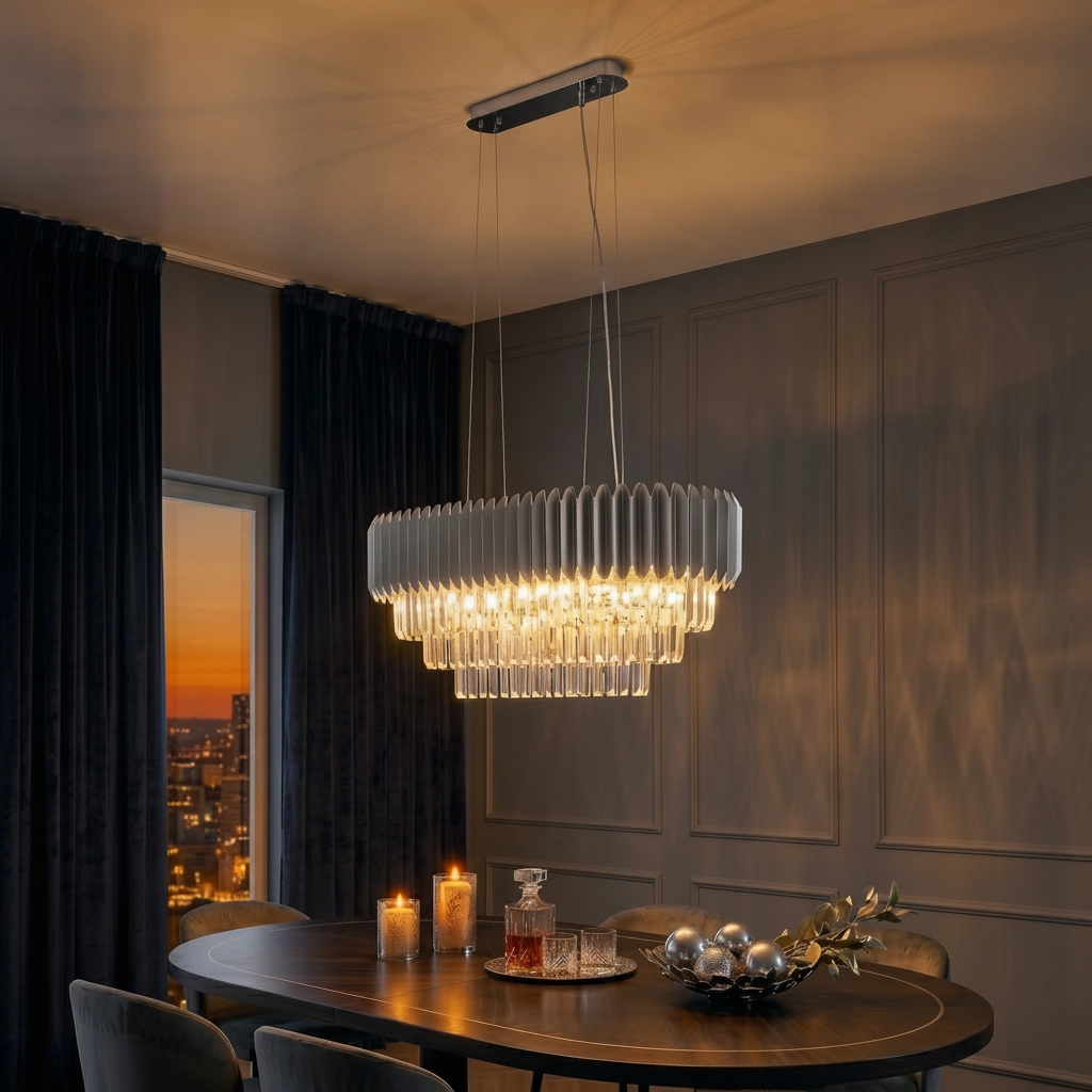 Suspension Magnolia chrome allongé et cristal