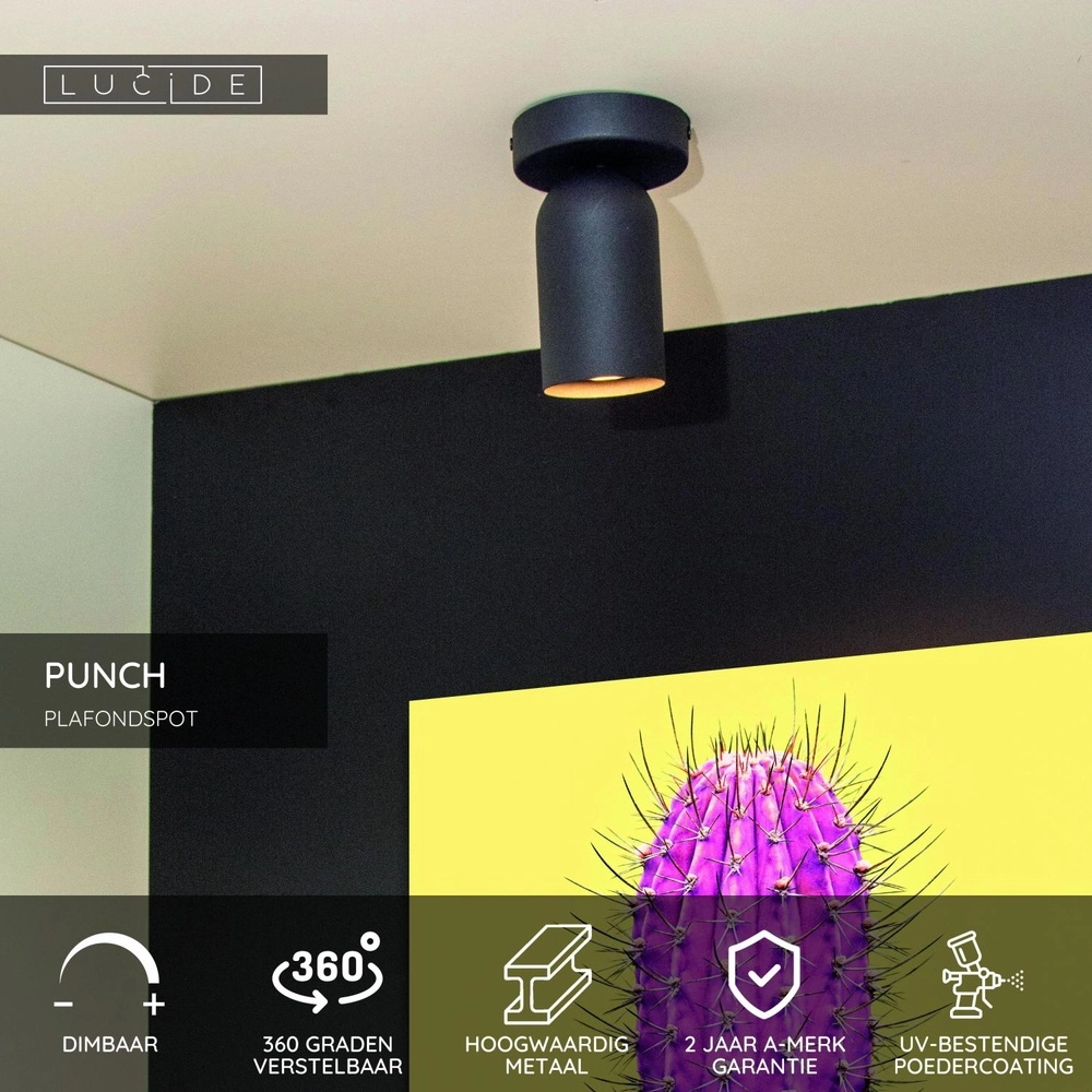 Projecteur de plafond Punch Noir simple Lucide 5411212134318