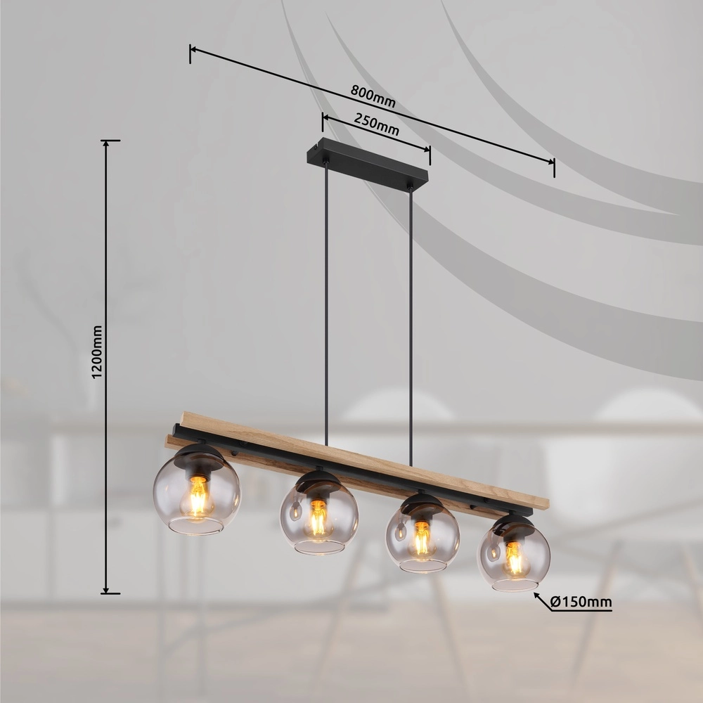 Lampe suspendue à 4 lumières Conni noir avec bois Globo 9007371451739