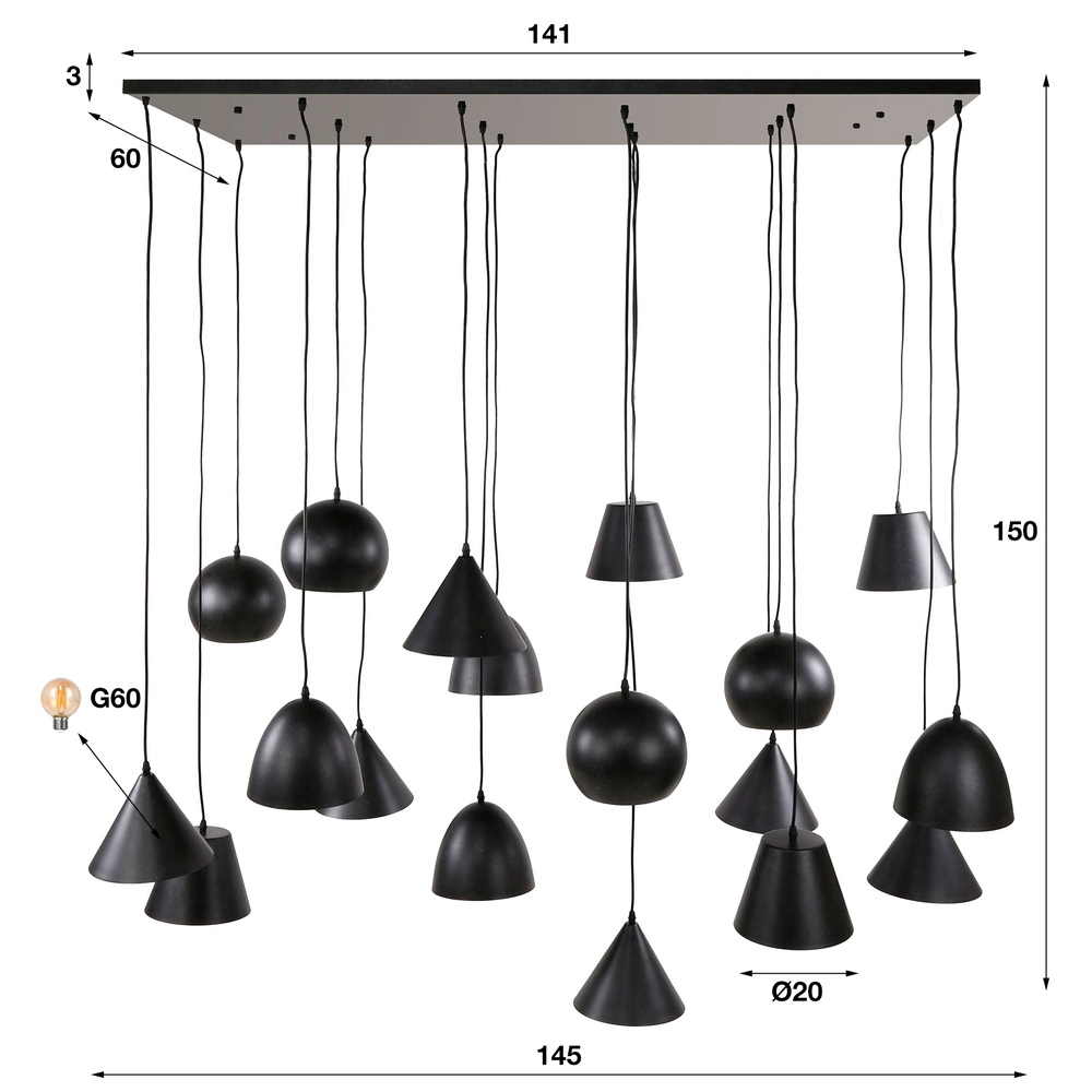 Lampe pendante XXL Metal 18 lumières - noir Lyora 8716803512313