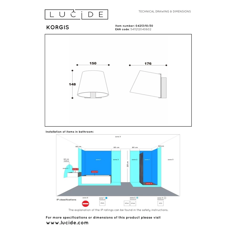 Éclairage mural pour salle de bain Korgis IP44 Lucide 5411212040602