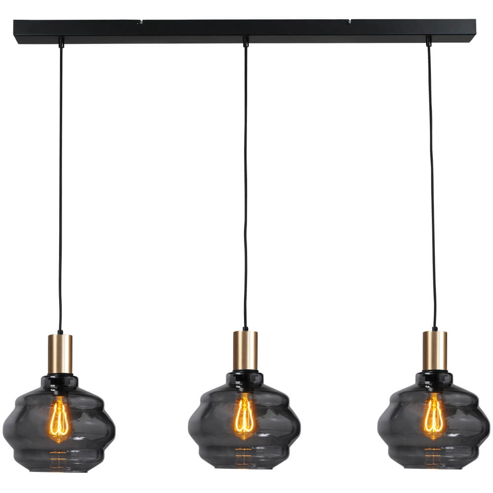 Lampe suspendue 3 lumières - dorée - Porto avec verres à fumée Ball - Ø 24cm