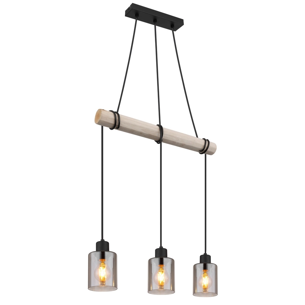 Lampe pendante à 3 lampes Hadera noir avec verre fumé