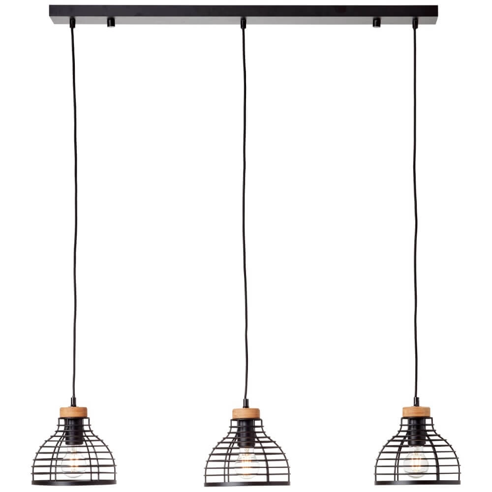 Lampe suspendue Avia 3 lumières noir avec bois marron