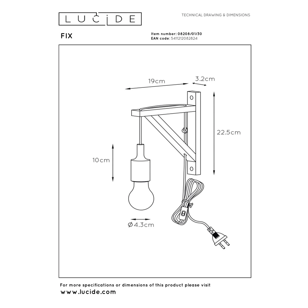 Lampe murale en bois Fix avec cordon noir Lucide 5411212082824