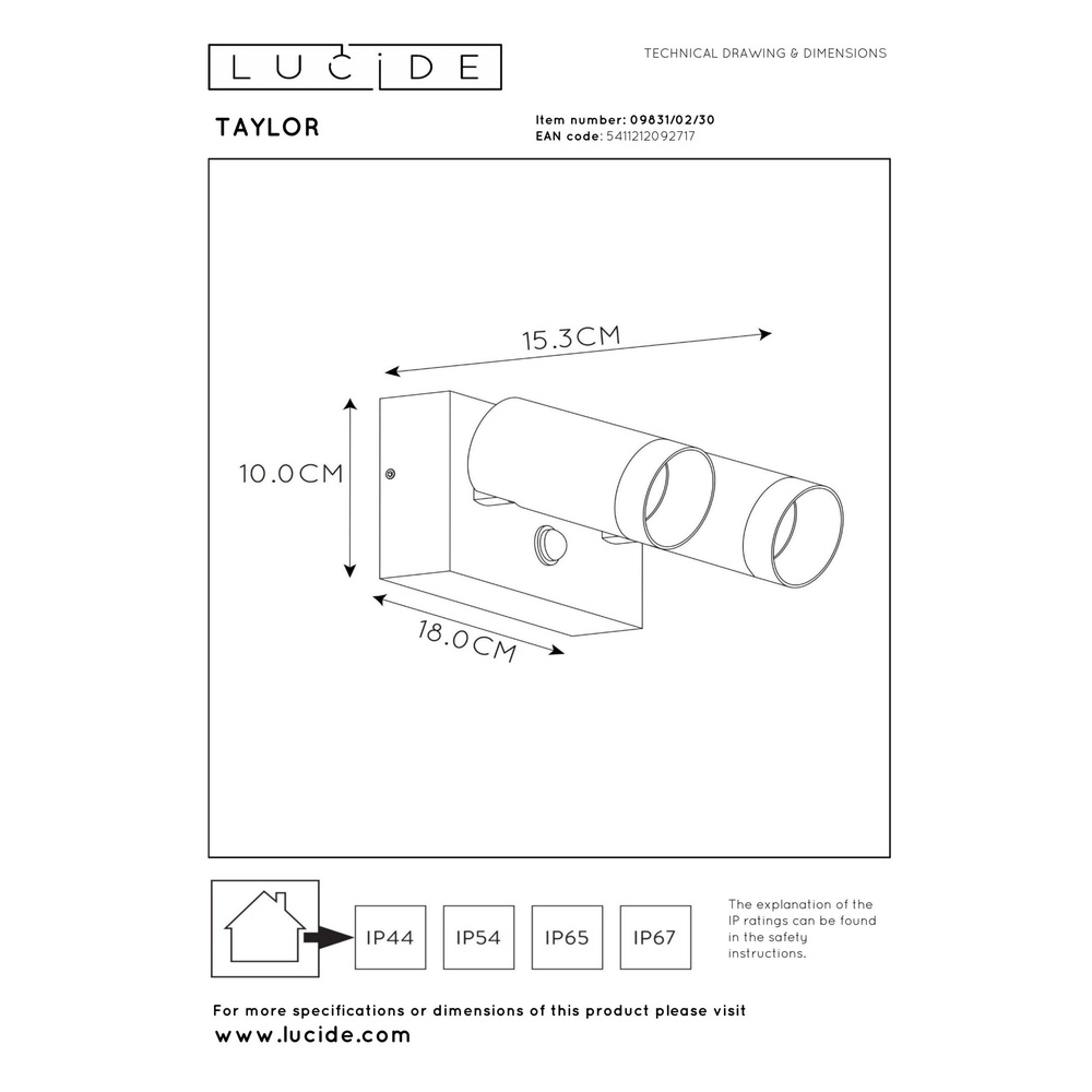 Projecteur mural Taylor Double IP54 avec capteur noir Lucide 5411212092717
