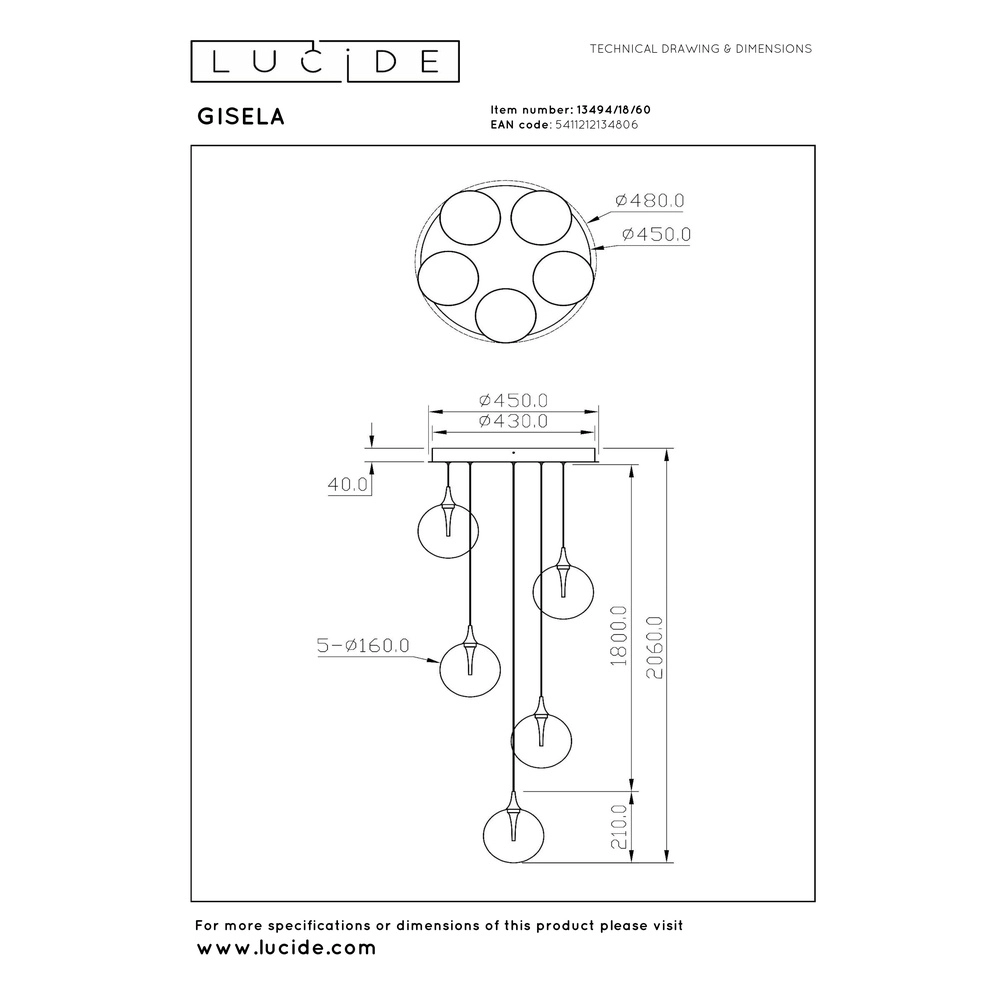 Suspension LED de conception Gisela transparent - 5x Ø 16cm Premium by Lucide 5411212134806