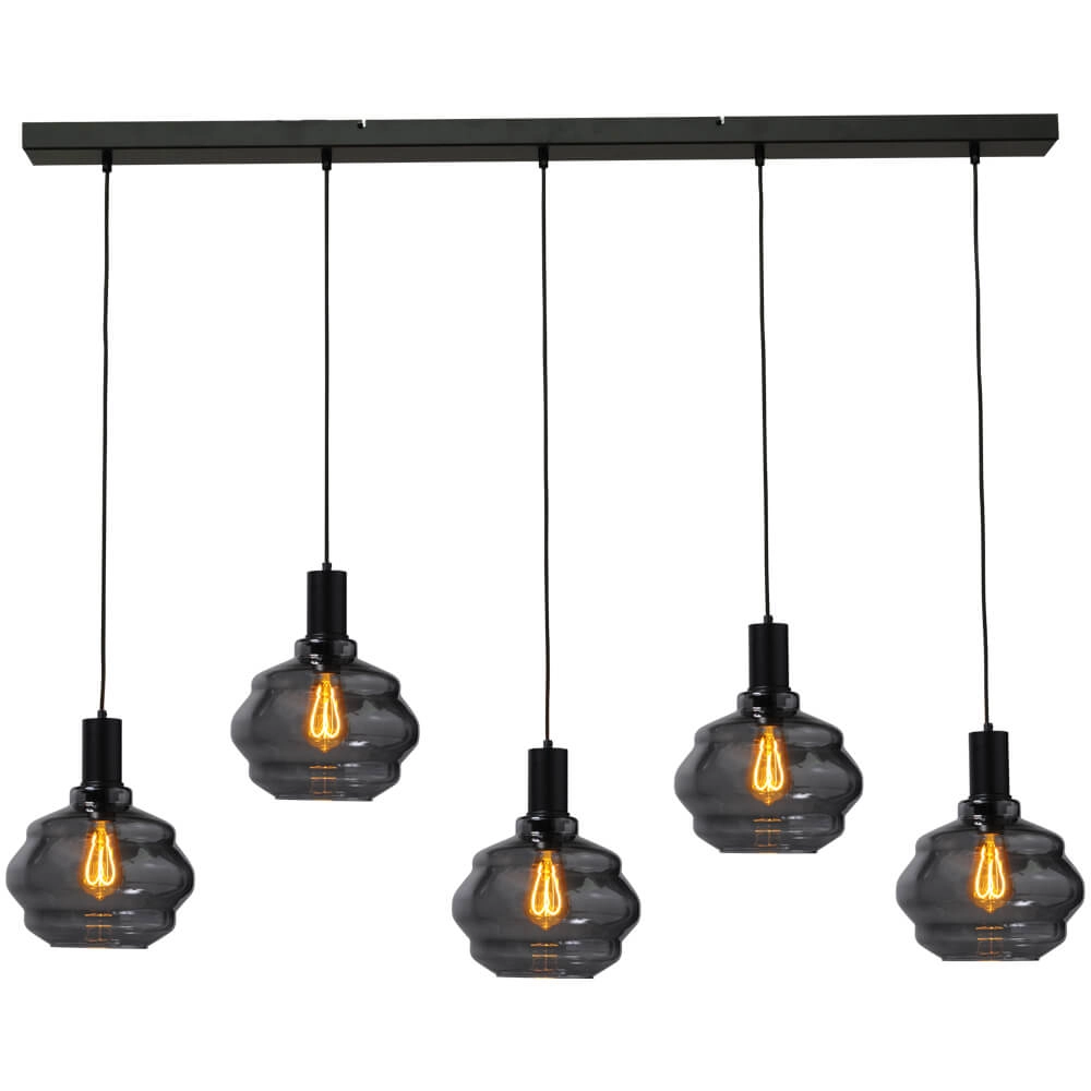 Lampe suspendue 5 lumières - noire - Porto avec verres à fumée Ball - Ø 24cm