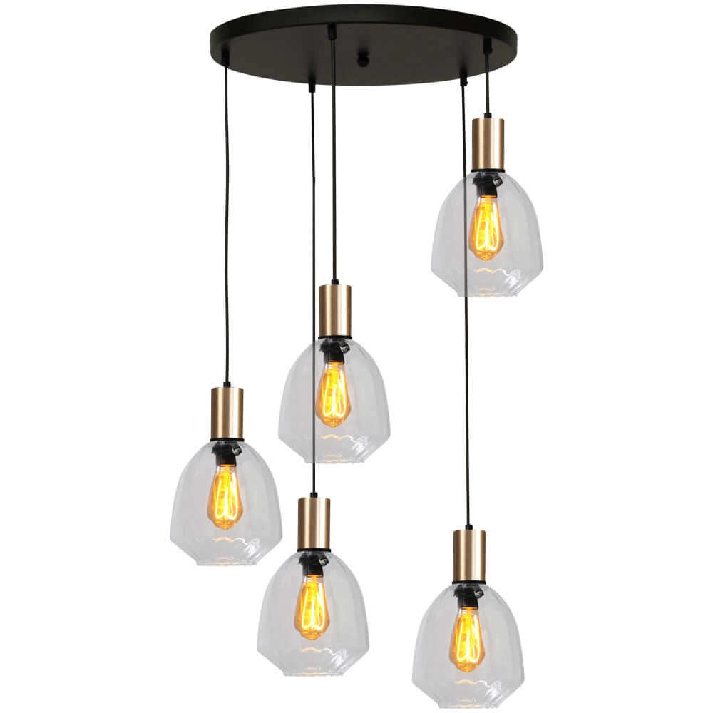 Suspension loft 5 lumières - dorée - Porto avec verres transparents Nicolette