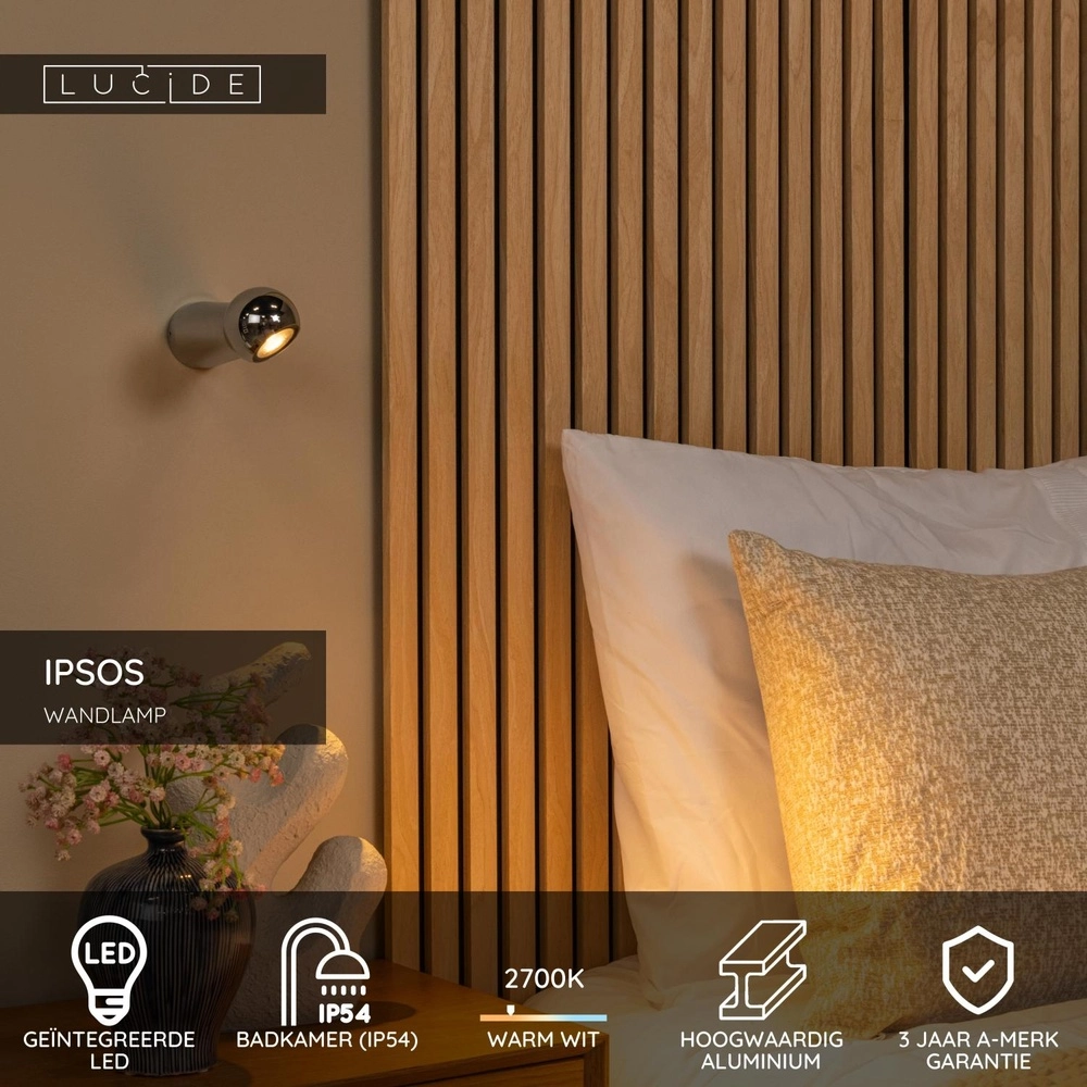Lampe murale de salle de bain Ipsos Chrome IP54 Lucide 5411212333995