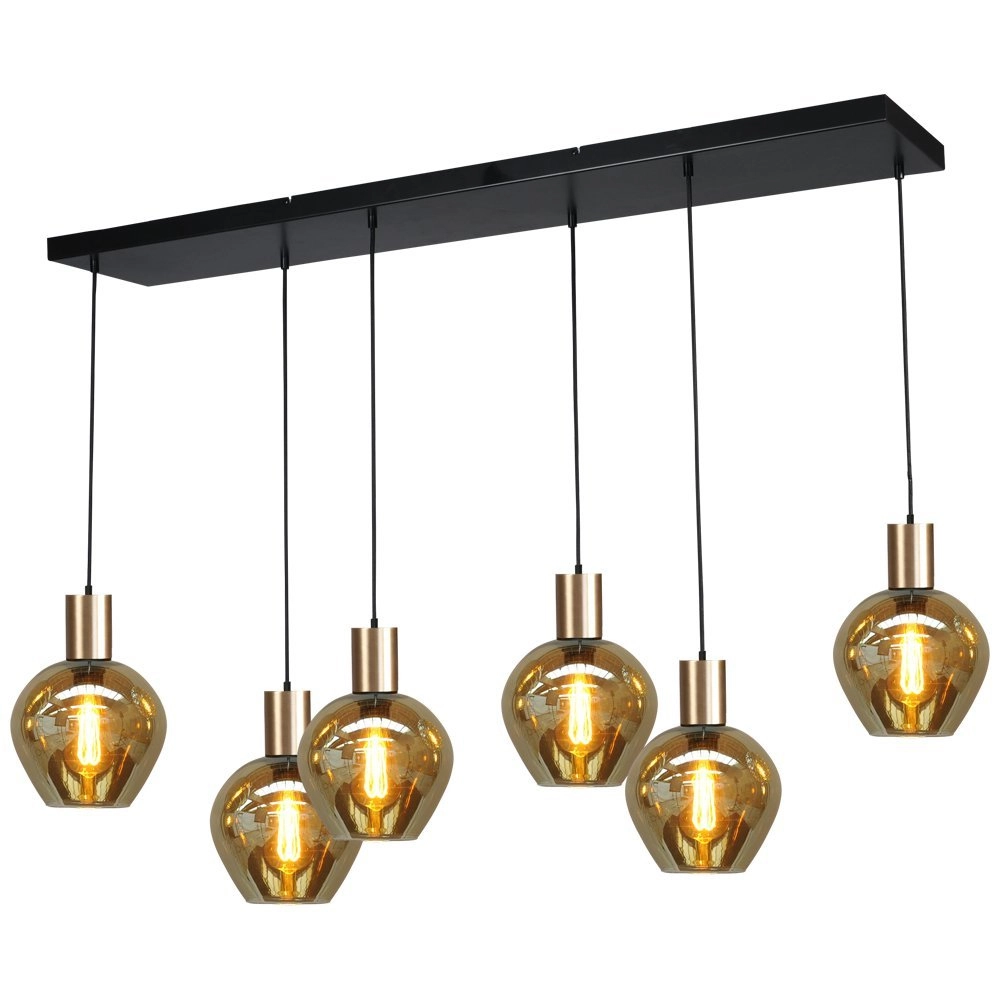Lampe suspendue noire avec de l'or Bounty Verre rond à 6 lumières