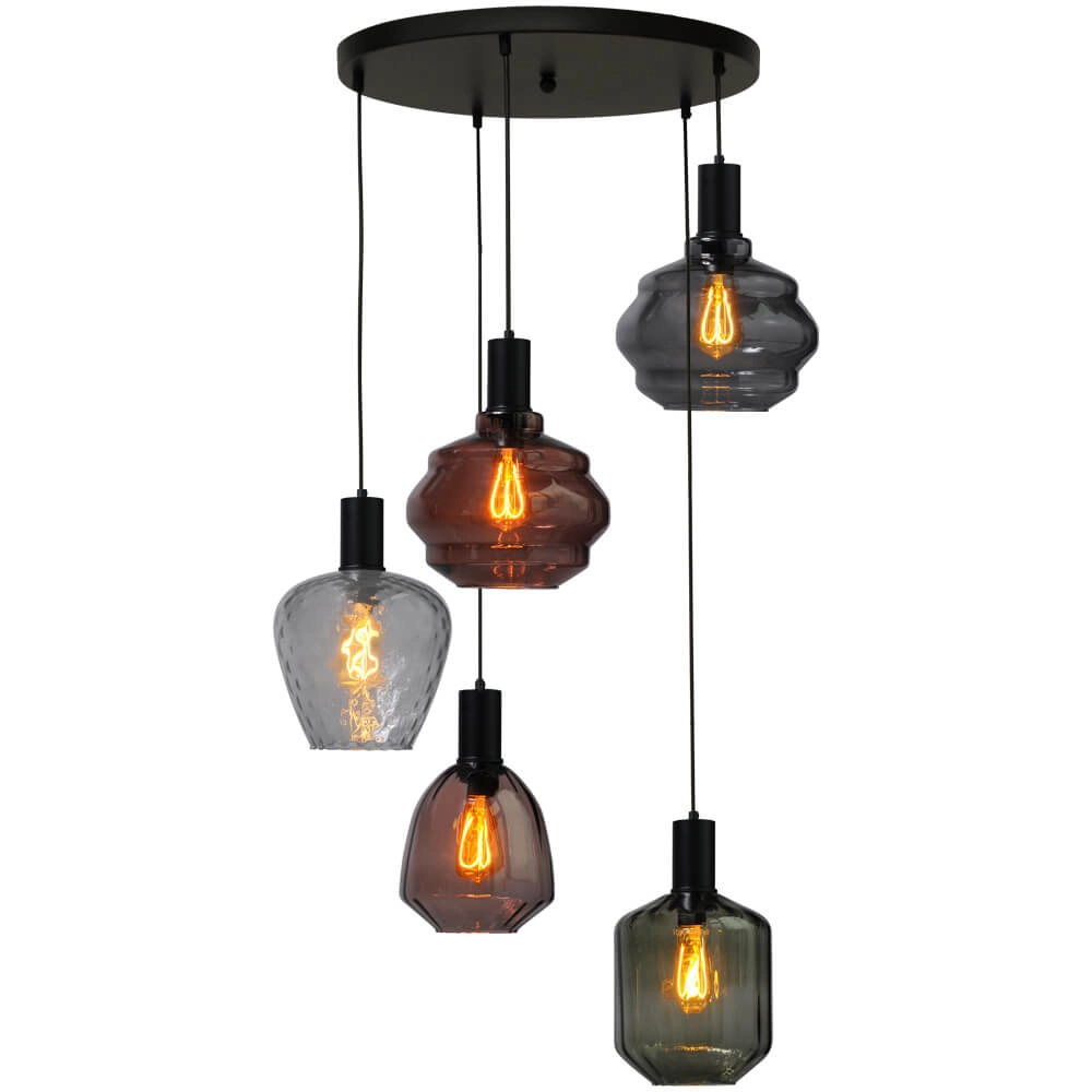 Suspension loft 5 lumières - noire - Porto avec des lunettes différentes Suspension loft 5 lumières - noire - Porto avec des lunettes différentes