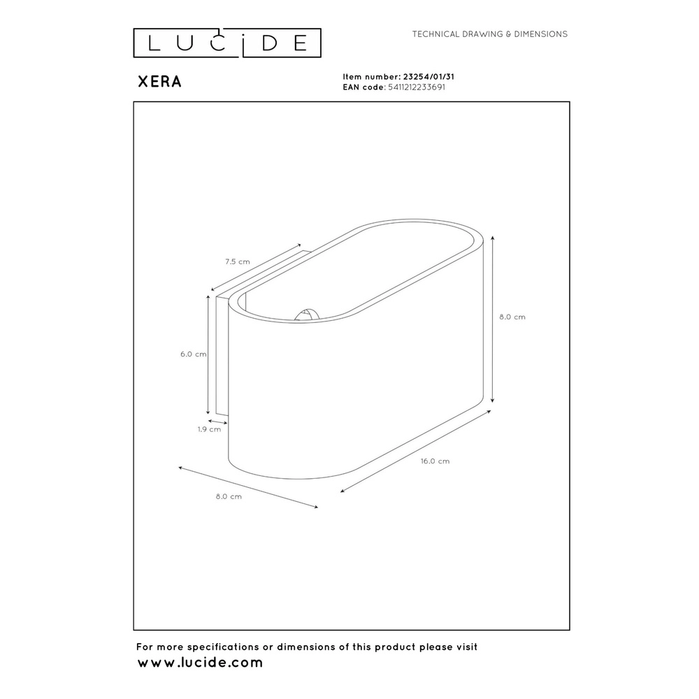 Lampe murale Xera 16 cm de blanc Lucide 5411212233691
