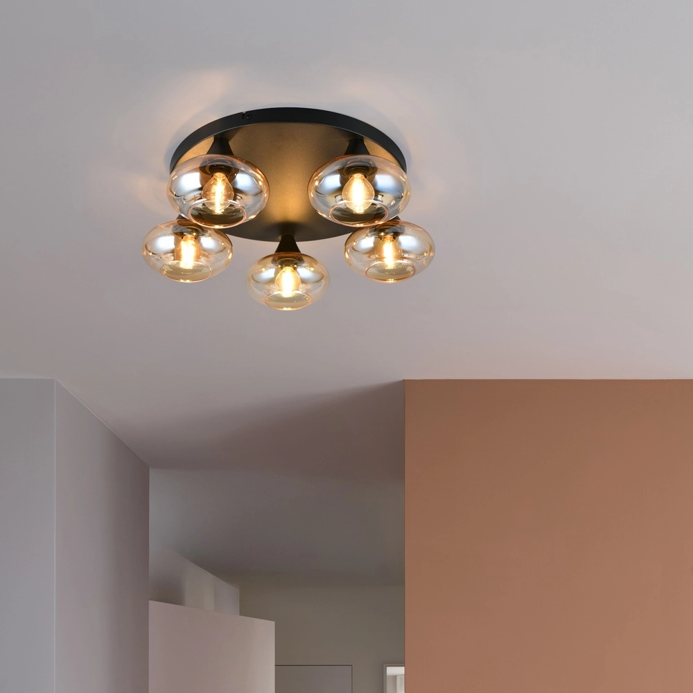 Plafonnier Divina Noir à 5 lumières avec verre ambré Trio 4017807667455