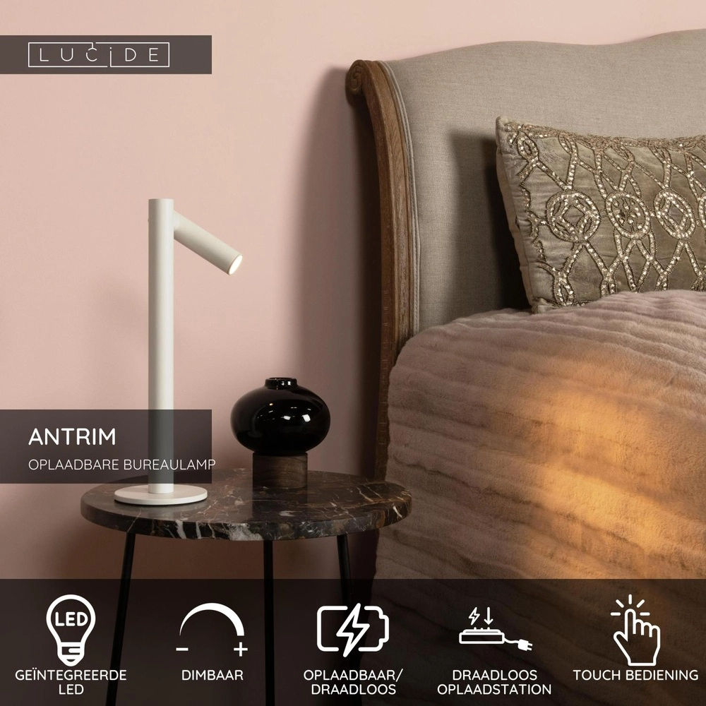 Lampe de table rechargeable Antrim IP54 blanc Lucide 5411212272218