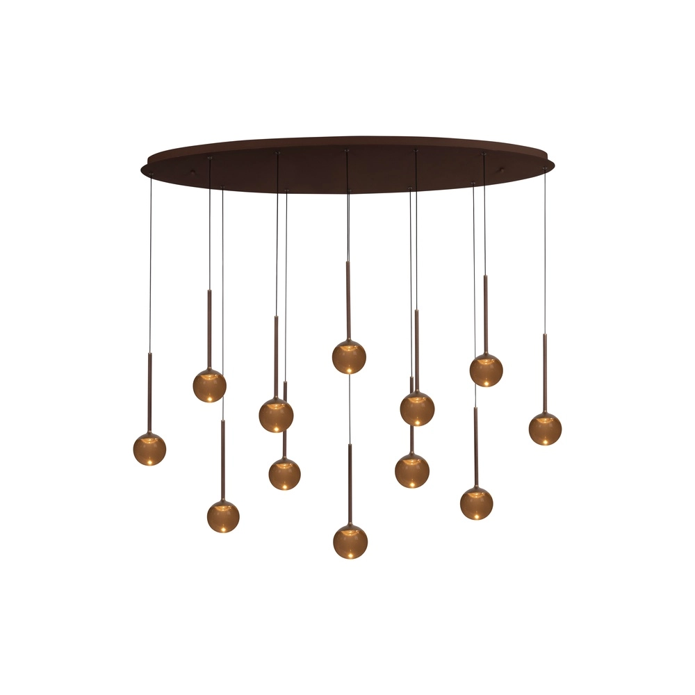 Lampe suspendue ovale Calina 12 lumières avec sphères ambrées