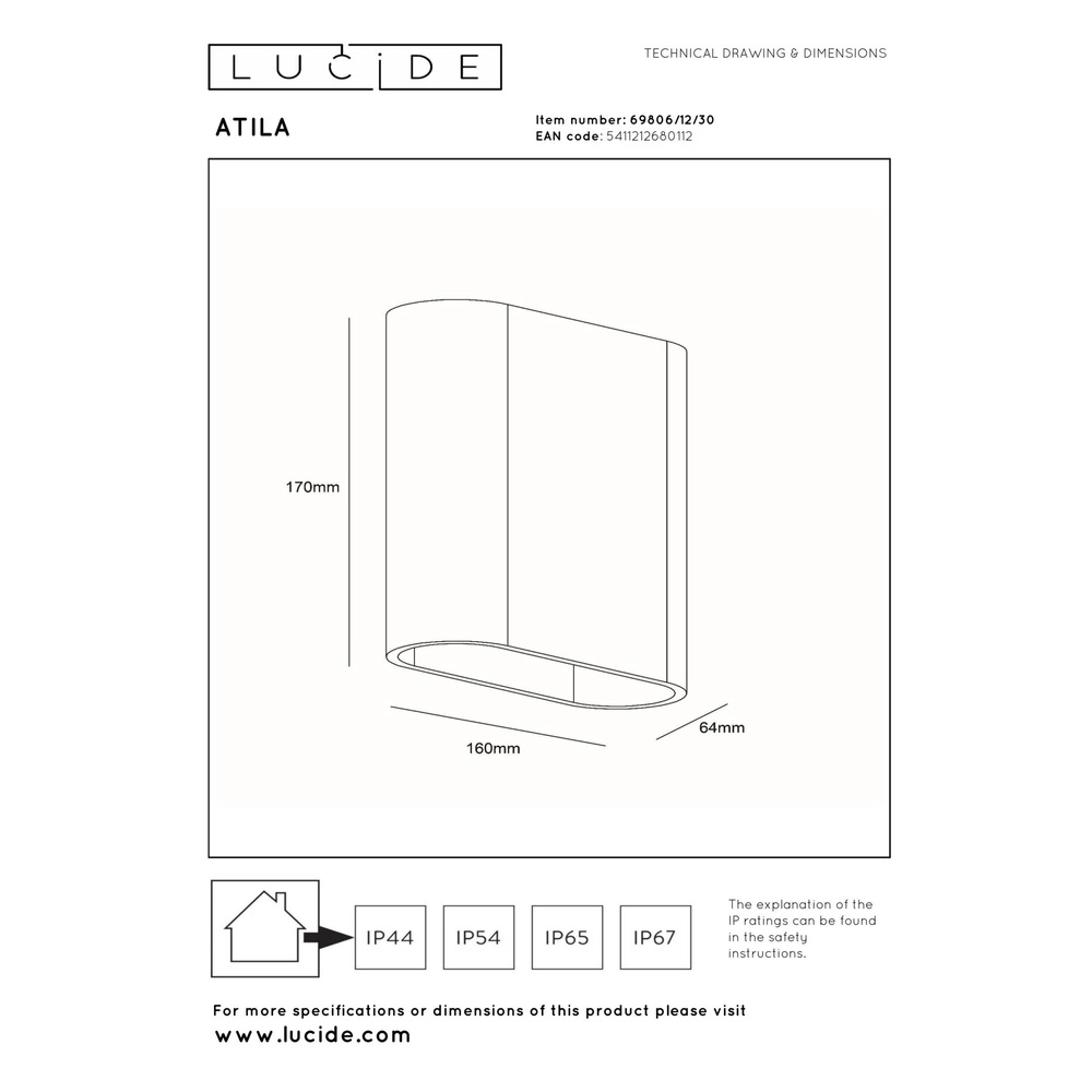 Lampe murale de conception Atila haut et bas noir IP54 Lucide 5411212680112
