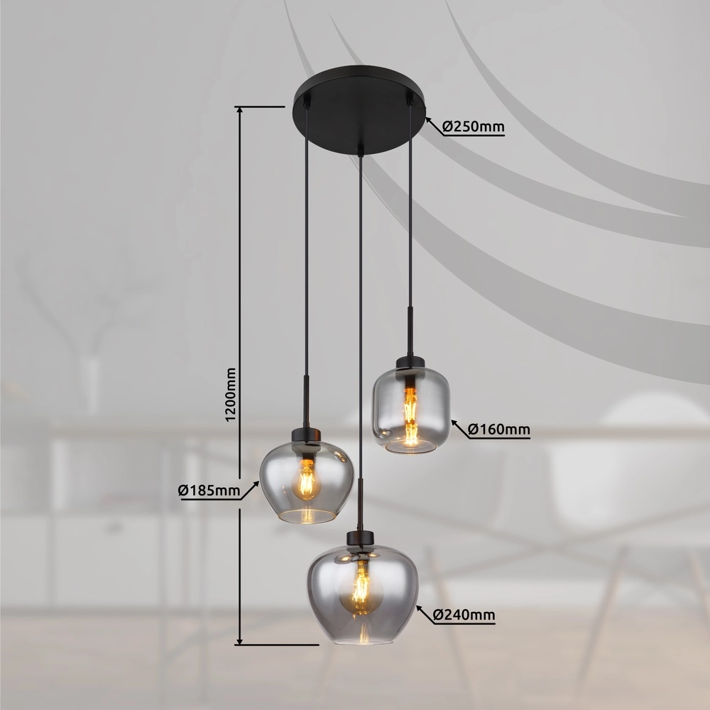 Lampe pendante de conception Matt Noir à 3 lumières avec verre fumé Globo 9007371448258