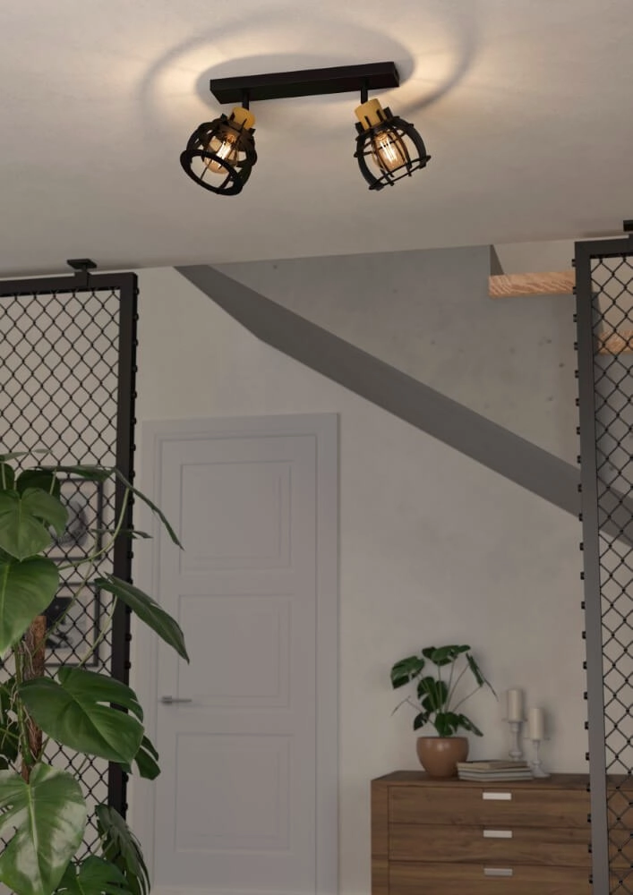 Plafonnier 2 lumières Stillington 1 noir avec du bois Eglo 9002759439279
