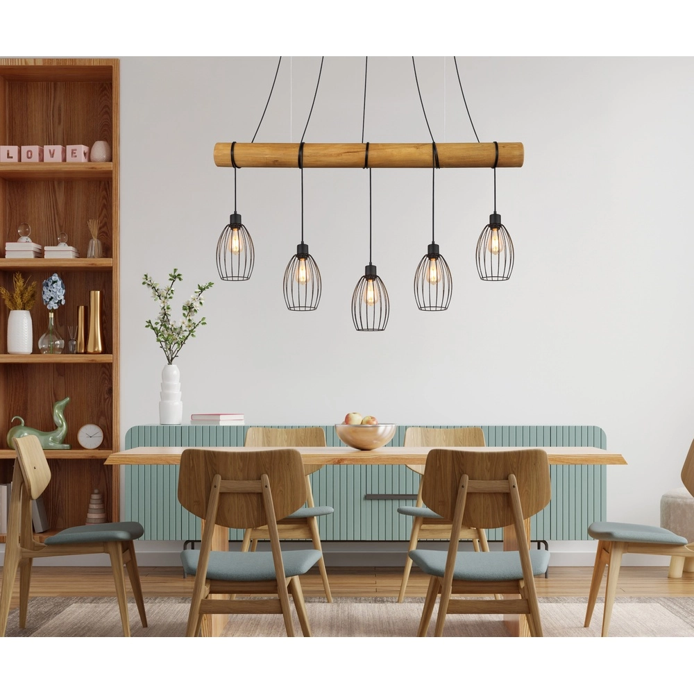 Lampe pendante de campagne Berti Bois à 5 clairs avec noir Globo 9007371586325