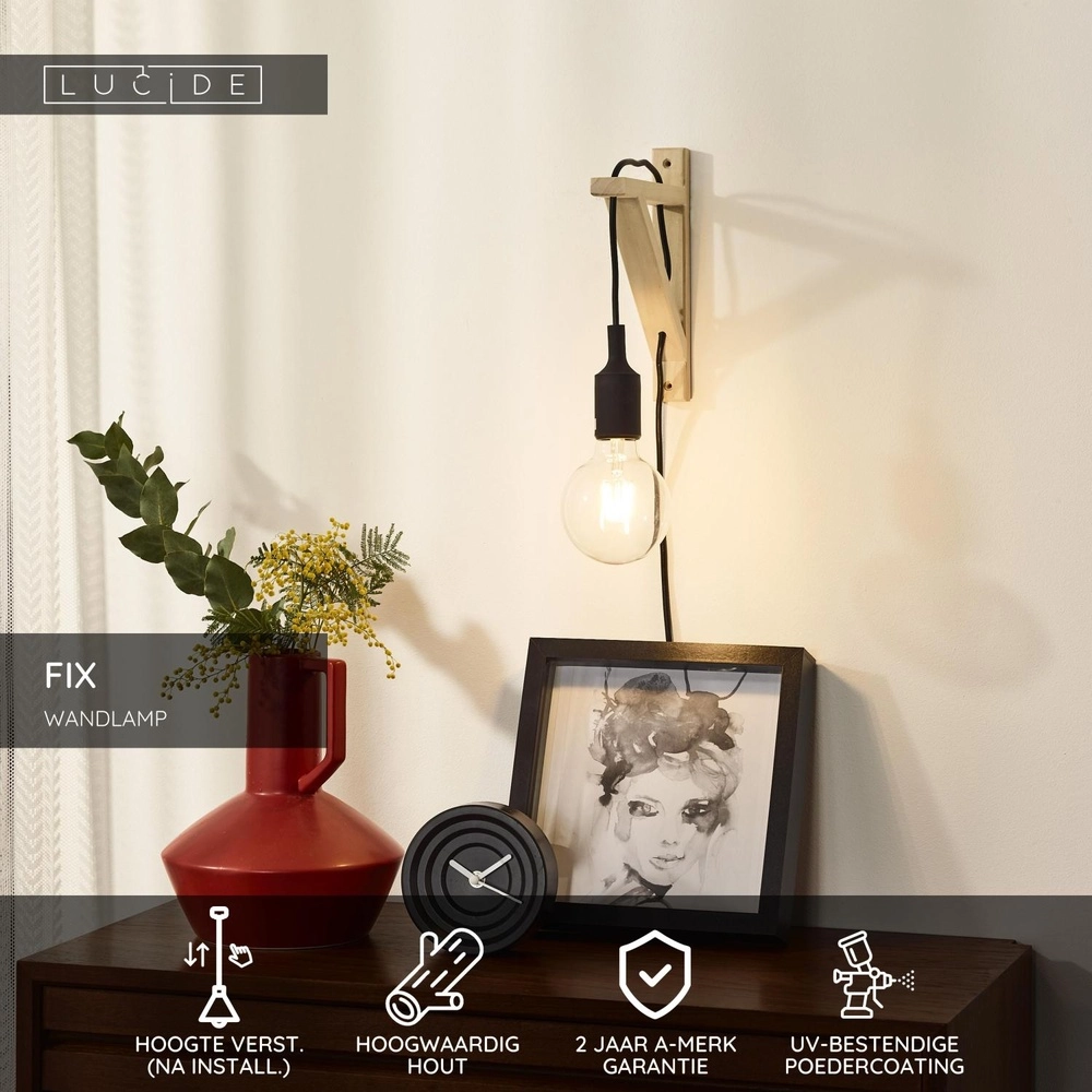 Lampe murale en bois Fix avec cordon noir Lucide 5411212082824