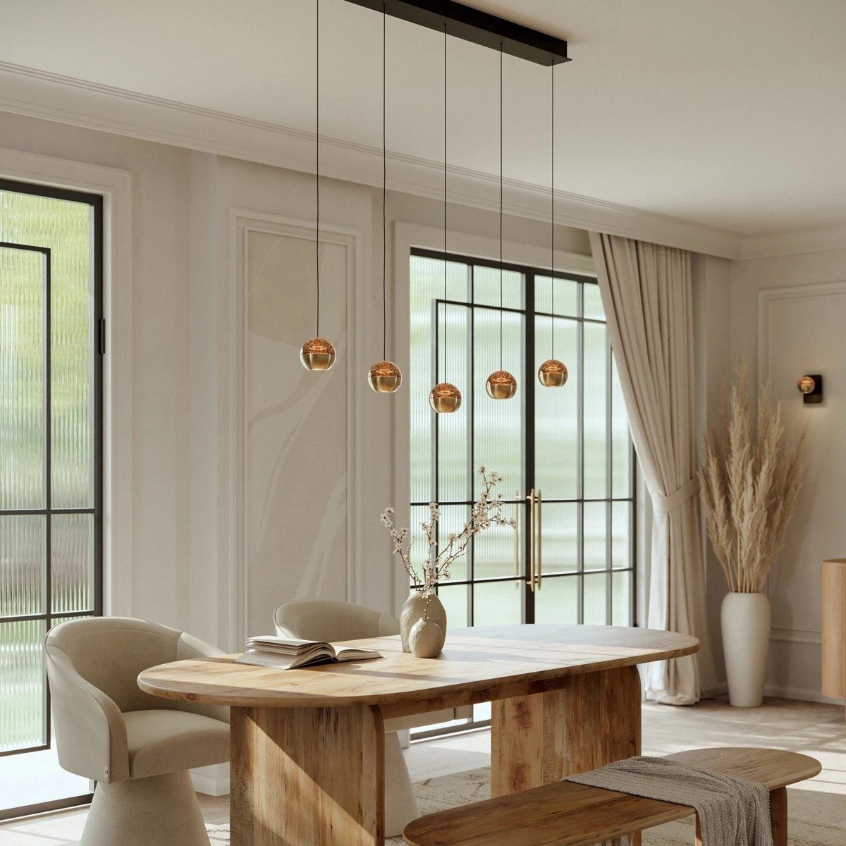 Lampe pendante de table à manger à 5 lumières Belluno LED - laiton or avec verre Steinhauer 8712746183894